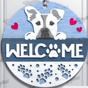 "Welcome" Round Sign with a Dog peeking over