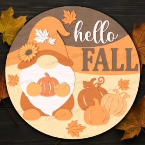 "Hello Fall" Round Sign Project with a Gnome, Pumpkins, and Leaves
