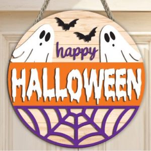 "Happy Halloween" Round Sign with Ghosts and Bats
