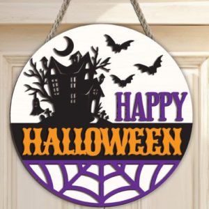 "Happy Halloween" Round Sign Project with Bats and a Spooky House