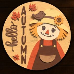 "Hello Autumn" Round Sign Project with Leaves and Sunflower. 