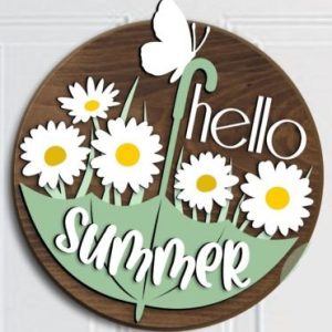"Hello Summer" Round Sign Project with Daisies, Umbrella and Butterfly.
