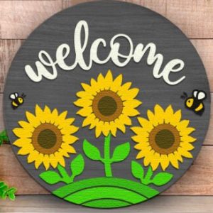 "Welcome" Round Sign Project with Sunflowers and Bees.